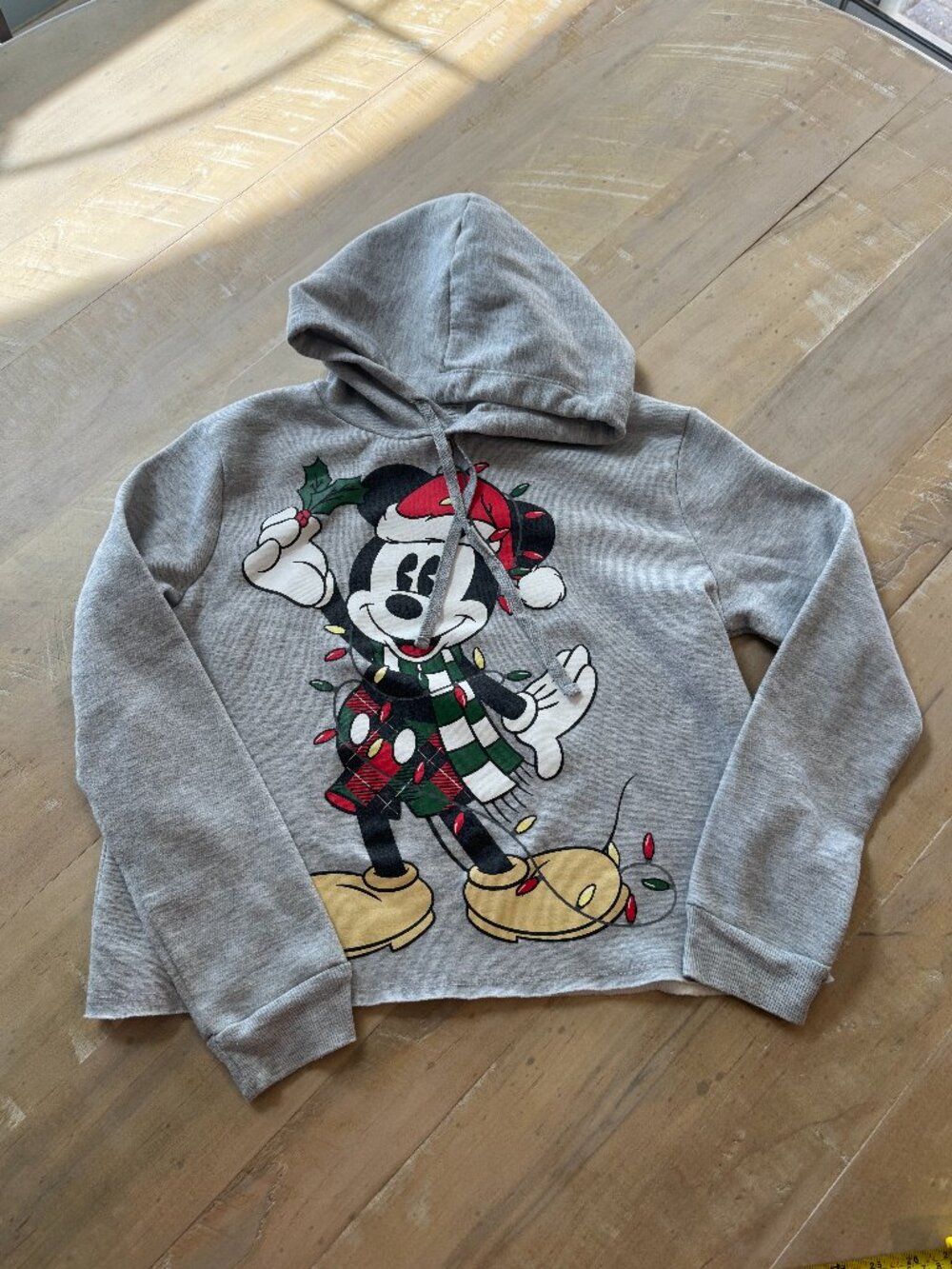 Disney Mickey Mouse Christmas Hoodie Grey Plaid Raw Hem Cropped Sweatshirt